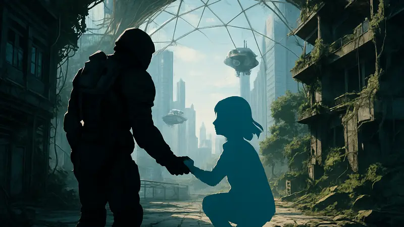 Кадр из игры Pragmata, изображающий персонажей в футуристической локации Switch 2