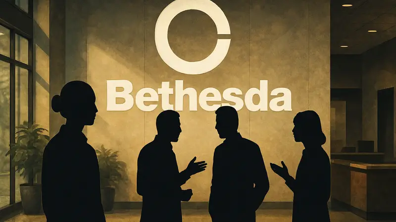 Логотип Bethesda на фоне размытых силуэтов сотрудников, обсуждающих изменения.