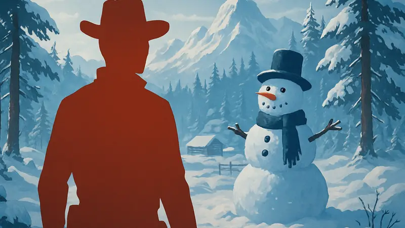 Игровой персонаж на фоне зимнего пейзажа и снеговика в Far Far West.