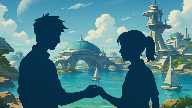 Обложка игры Tides of Tomorrow с персонажами в аниме-стиле, взаимодействующими в футуристическом мире