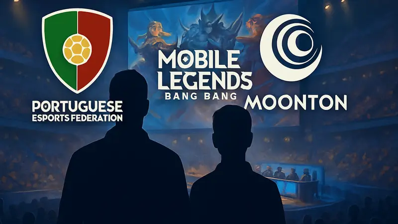 Ло готипы Portuguese Esports Federation и MOONTON Games на фоне Mobile Legends Bang Bang