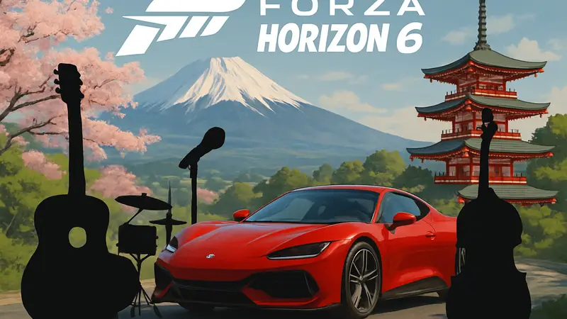 Обложка Forza Horizon 6 с логотипом и музыкальными инструментами на фоне японских пейзажей.