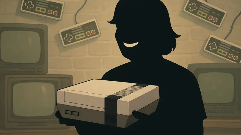 Арин Хэнсон держит в руках консоль NES, улыбается, на фоне игровые контроллеры и старые телевизоры