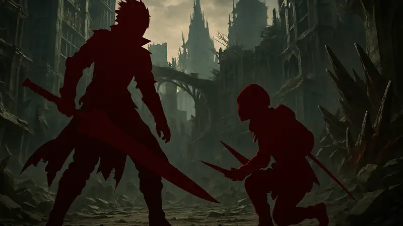 Кадр из Code Vein 2: игровой персонаж и компаньон в мрачном постапокалиптическом мире, готовящиеся к бою.