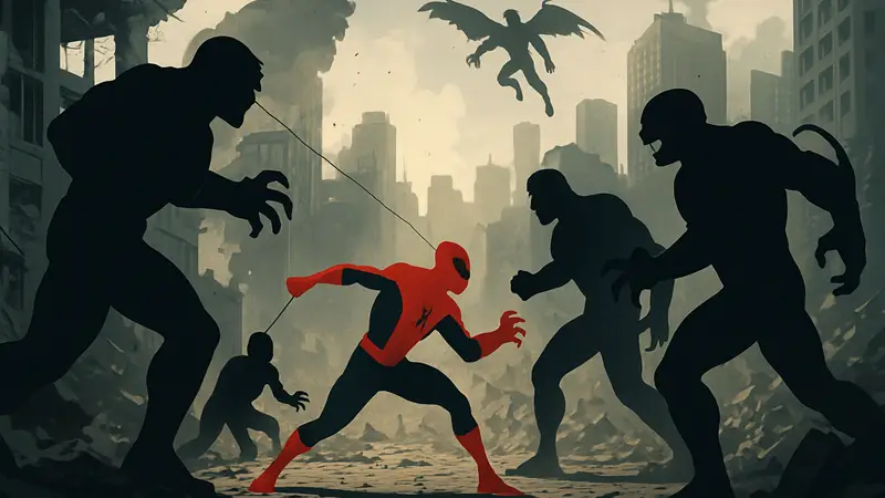 Человек-паук сражается с группой злодеев на фоне разрушенного города