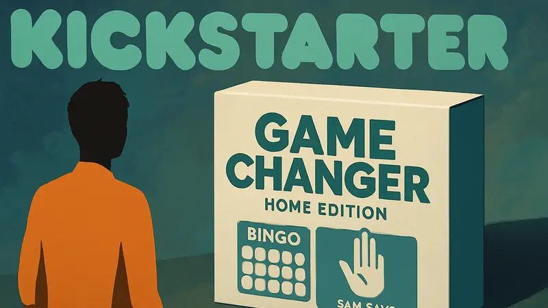 Коробка настольной игры Game Changer: Home Edition на фоне логотипа Kickstarter.