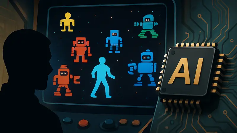 Изображение экрана игры Robotron: 2084 с роботами и главным героем, рядом чип ИИ