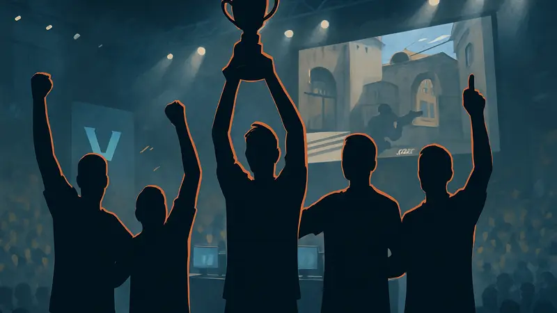 Команда Voca празднует победу на турнире Fragadelphia York по киберспорту.