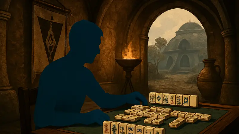 Игрок в The Elder Scrolls 3: Morrowind сидит за столом и играет в маджонг.