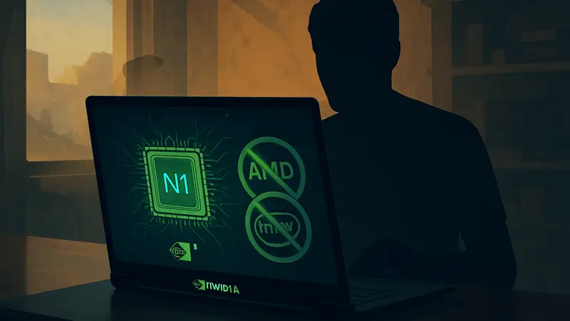 Игровой ноутбук с логотипом Nvidia, демонстрирующий чип N1 и отсутствие AMD/Intel.