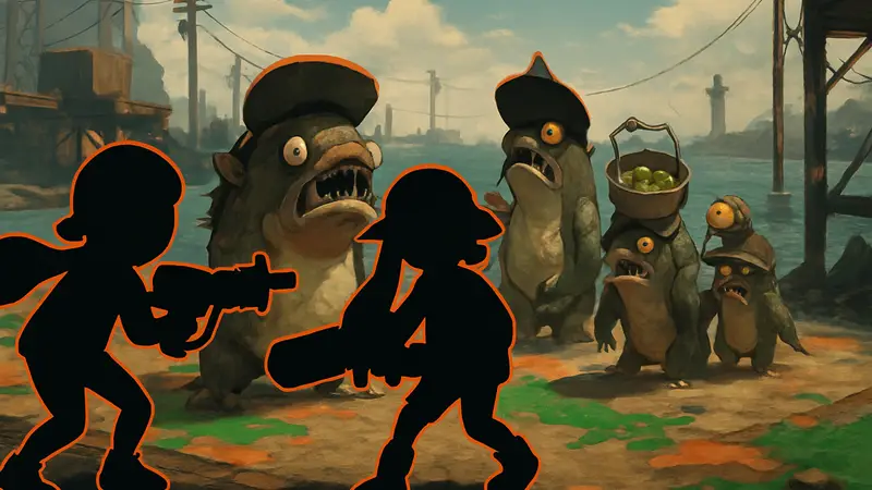 Скриншот из Splatoon с Сэлмонидами или ранняя концепция игры