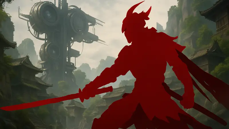 Главный герой Phantom Blade Zero с мечом, футуристический дизайн персонажа в боевой позе.