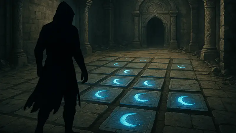 Изображение лабиринта или головоломки в Crimson Desert с плитами на полу, ждущими активации.