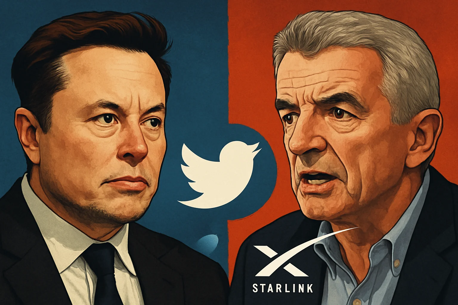 Портреты Илона Маска и Майкла О'Лири, разделённые логотипами Twitter и Starlink, символизирующие конфликт.
