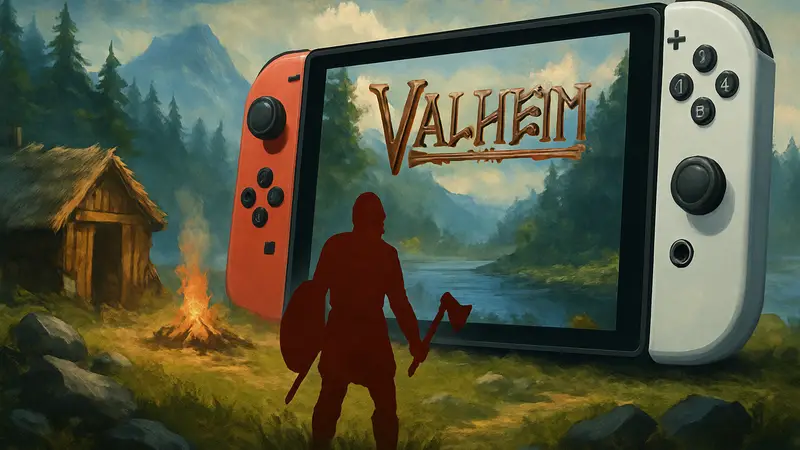 Игровой мир Valheim с персонажем и элементами выживания, на фоне консоли Nintendo Switch 2.
