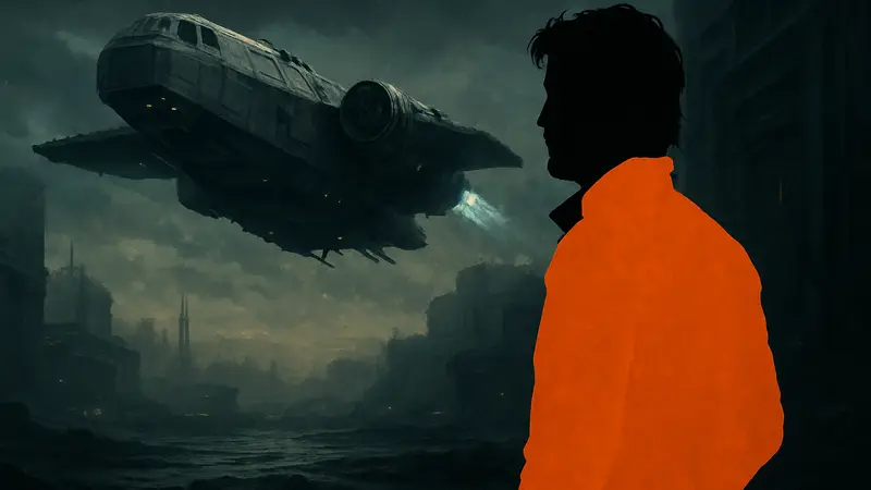 Кассиан Андор из сериала Star Wars Andor, космический корабль на фоне, темная атмосфера