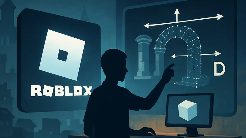 Логотип Roblox и схематичное изображение 4D-моделирования объектов с AI