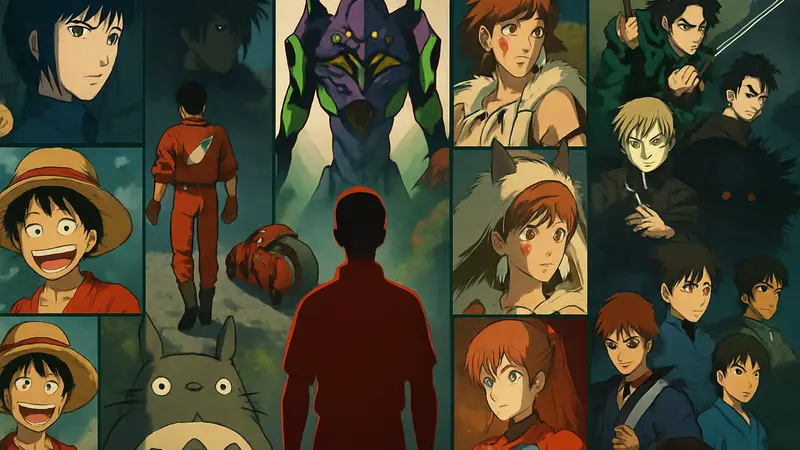 Обложки и персонажи из топ-15 аниме-шедевров последних 40 лет, включая Акиру и Евангелион.