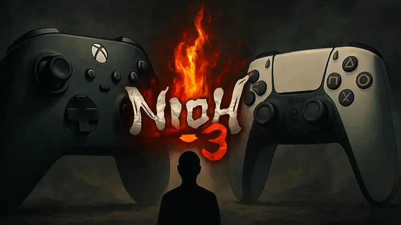 Логотип Nioh 3 на фоне контроллеров Xbox и PlayStation, символизирующий возможную смену эксклюзивности.