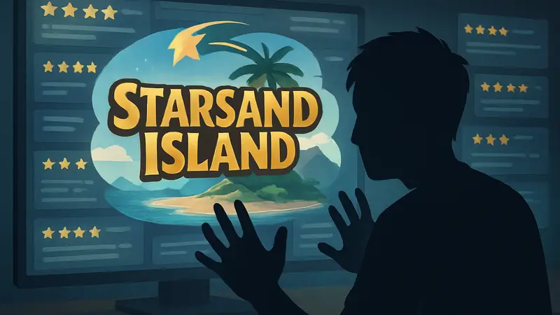 Логотип игры Starsand Island на фоне экрана с множеством позитивных отзывов.