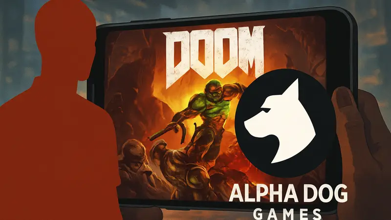 Логотип Alpha Dog Games на фоне мобильной игры Doom, новости игровой индустрии