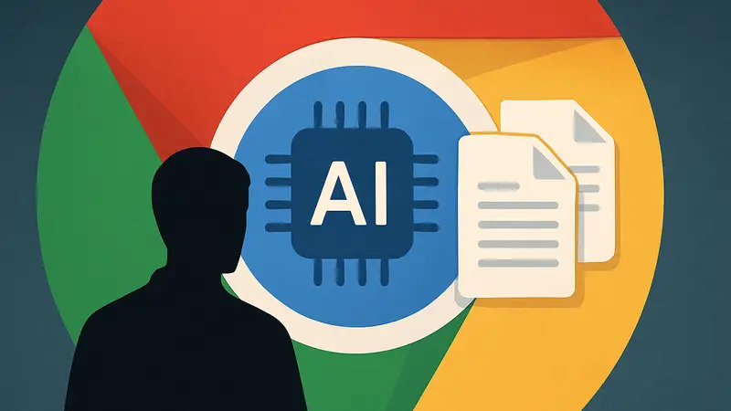 Логотип Google Chrome, на фоне которого изображён символ искусственного интеллекта и файлы данных.