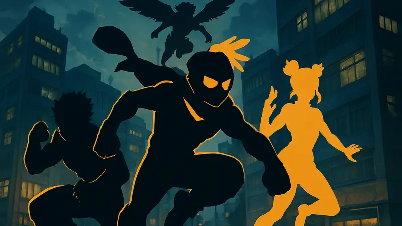 Персонажи из аниме My Hero Academia: Vigilantes в динамичной позе.