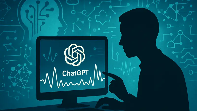 ChatGPT анализирует звуковые волны, на фоне схематичное изображение ИИ и символов