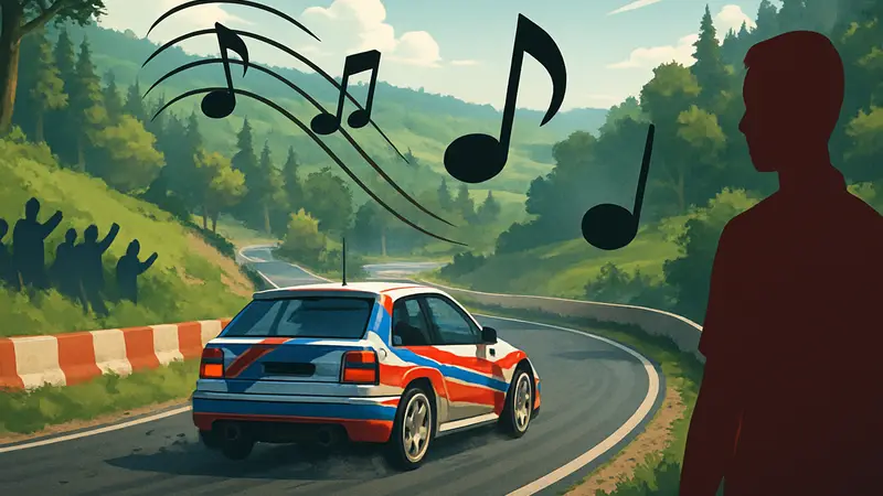 Скриншот из Super Woden Rally Edge, демонстрирующий гоночный автомобиль на трассе с музыкальными элементами