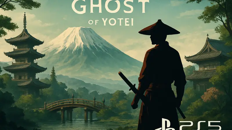 Логотип Ghost of Yotei на фоне пейзажей средневековой Японии, с символом PS5.