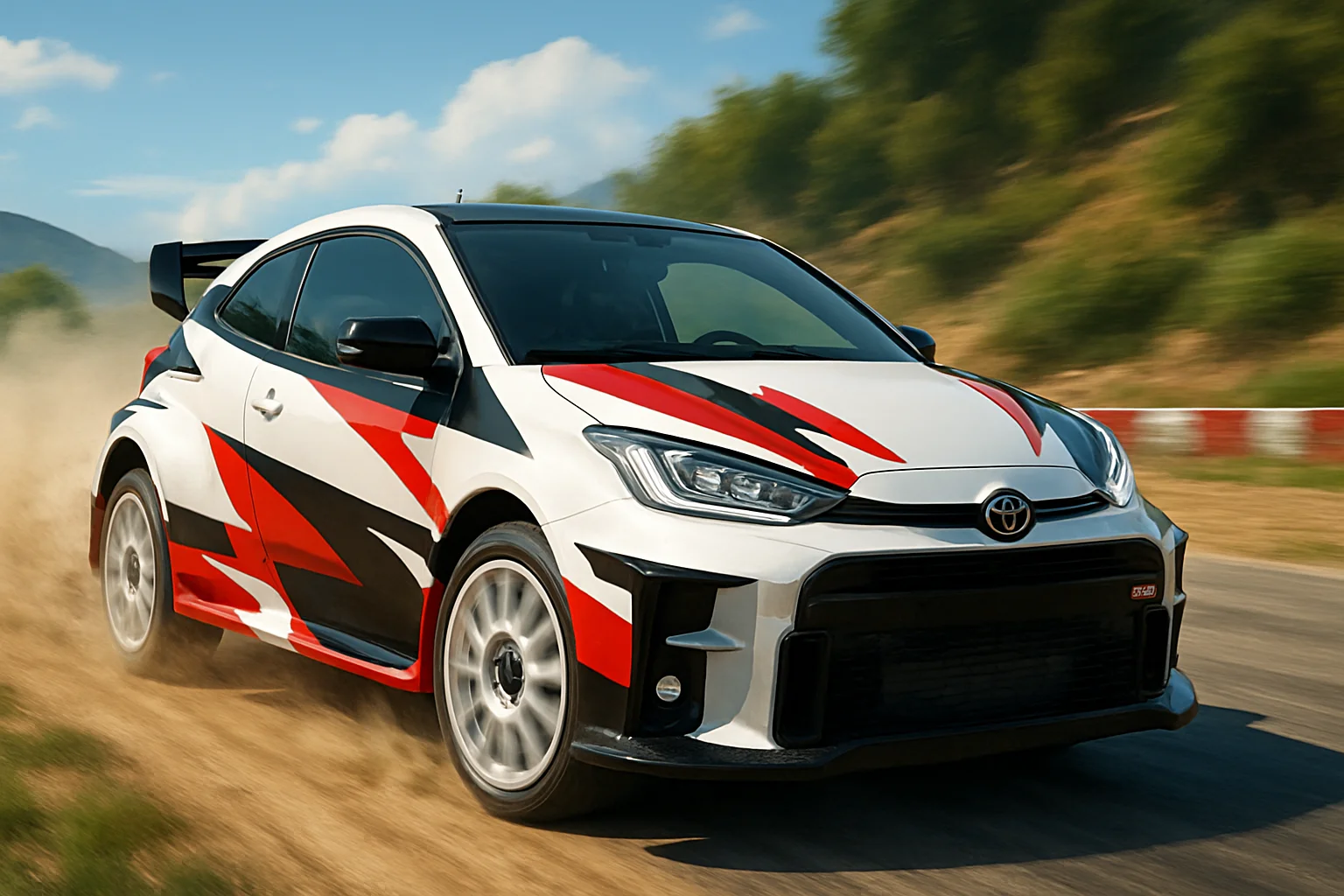 Спортивный хэтчбек Toyota GR Yaris лимитированной серии в раллийном стиле на трассе.