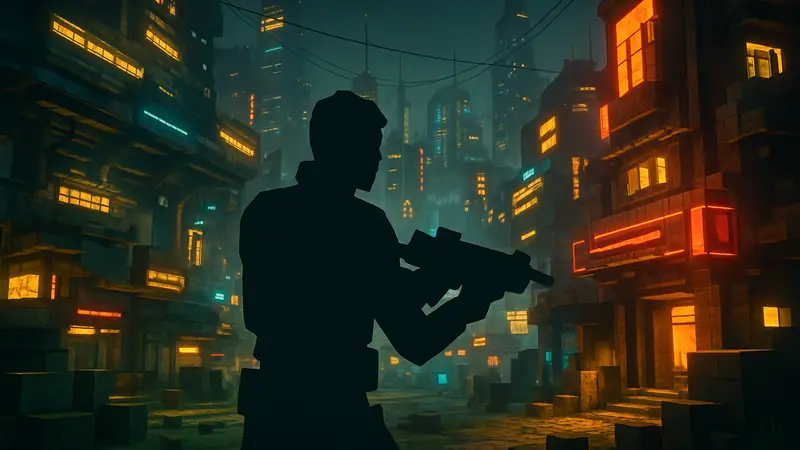 Скриншот из игры Gridlands, демонстрирующий гибридную эстетику Cyberpunk 2077 и Minecraft.