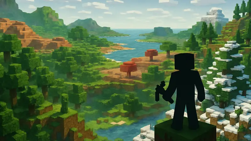 Изображение кубического мира Minecraft с различными биомами и игровым персонажем, демонстрирующее его обширность.