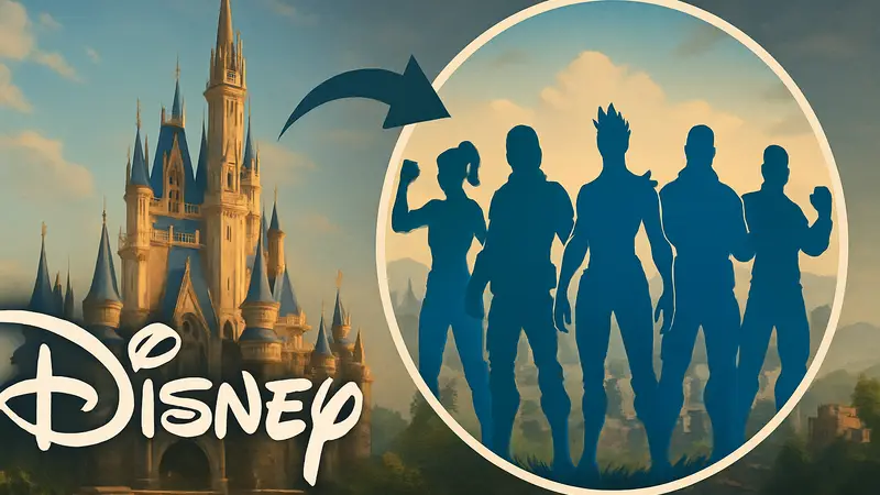 Логотип Disney рядом с изображением персонажей Fortnite, символизирующим интеграцию