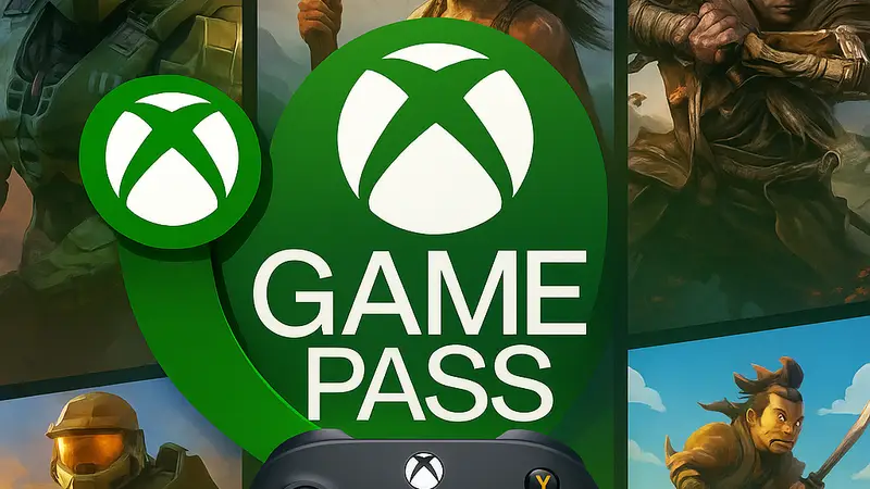 Логотип Xbox Game Pass на фоне контроллера или скриншотов из популярных игр, предлагаемых на выходные.