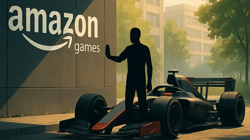Логотип Amazon Games рядом с гоночным автомобилем, символизирующий отказ от игры.