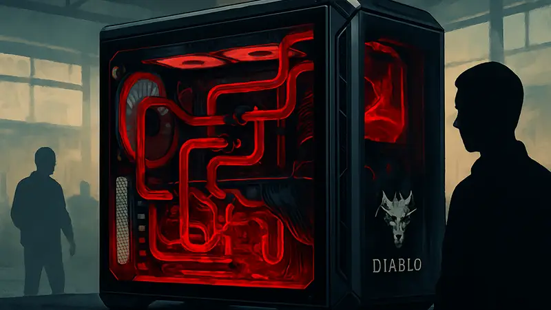Футуристический игровой ПК Diablo 4 с прозрачным корпусом и красной охлаждающей жидкостью, похожей на кровь.