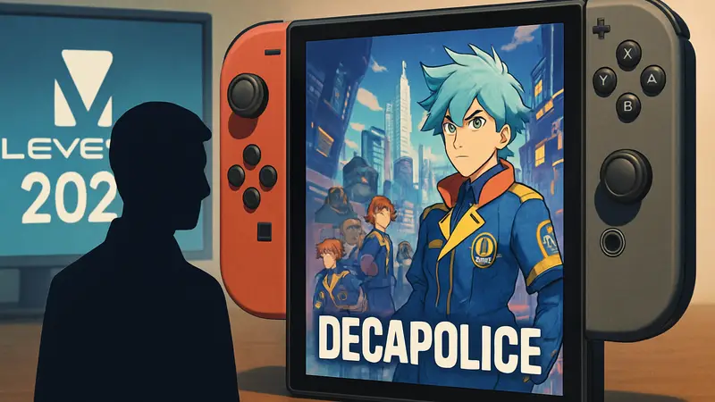 Логотип Level-5 Vision 2026 и обложка игры Decapolice на фоне консоли Nintendo Switch.