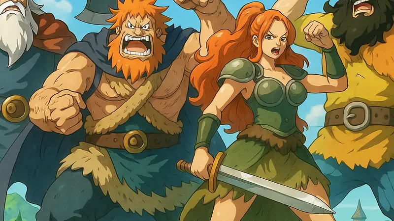Группа персонажей-гигантов на острове Эльбаф из аниме One Piece, демонстрирующих свою мощь