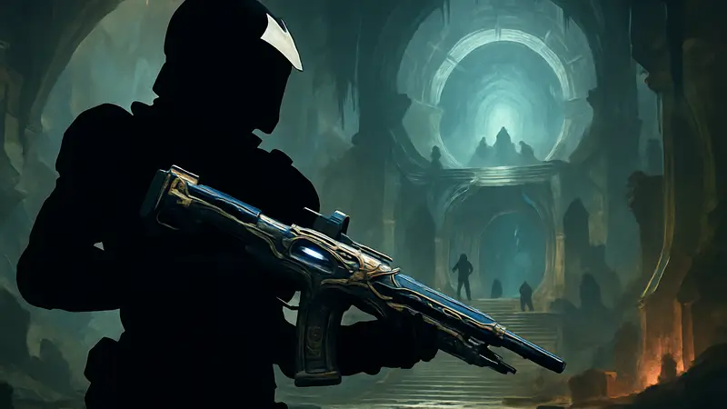 Страж Destiny 2 держит экзотическое оружие, на фоне скриншот из рейда.