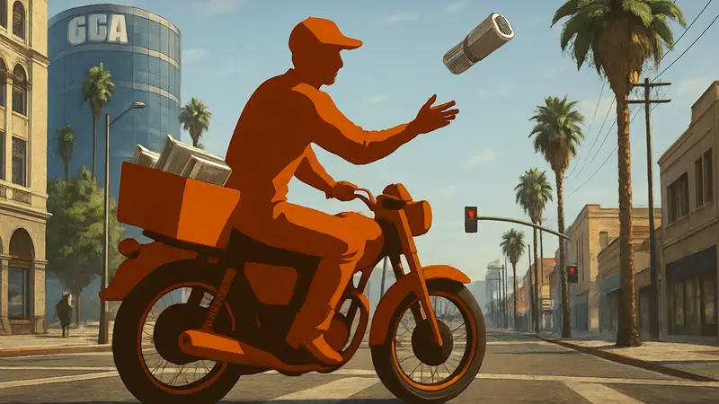 Игрок GTA Online на мотоцикле доставляет газеты по городу, выполняя работу разносчика.