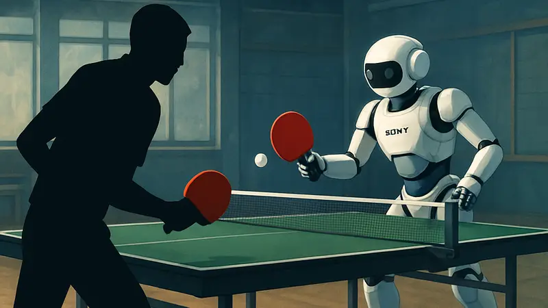 Робот Sony Ace, играющий в пинг-понг с человеком, на фоне стола для настольного тенниса, демонстрируя свои ИИ-возможности.
