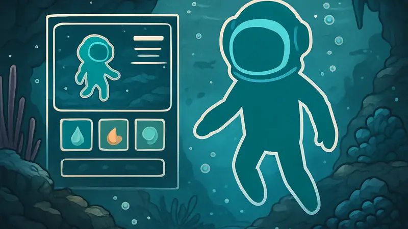 Водный дубликант из Oxygen Not Included, персонаж в скафандре под водой, игровой интерфейс.