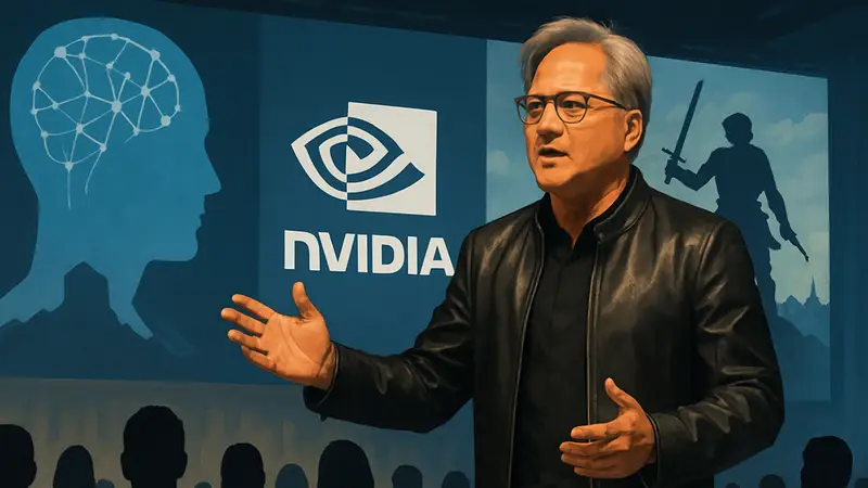 Глава NVIDIA Дженсен Хуанг выступает на конференции, говоря об ИИ и его влиянии на рынок труда в играх
