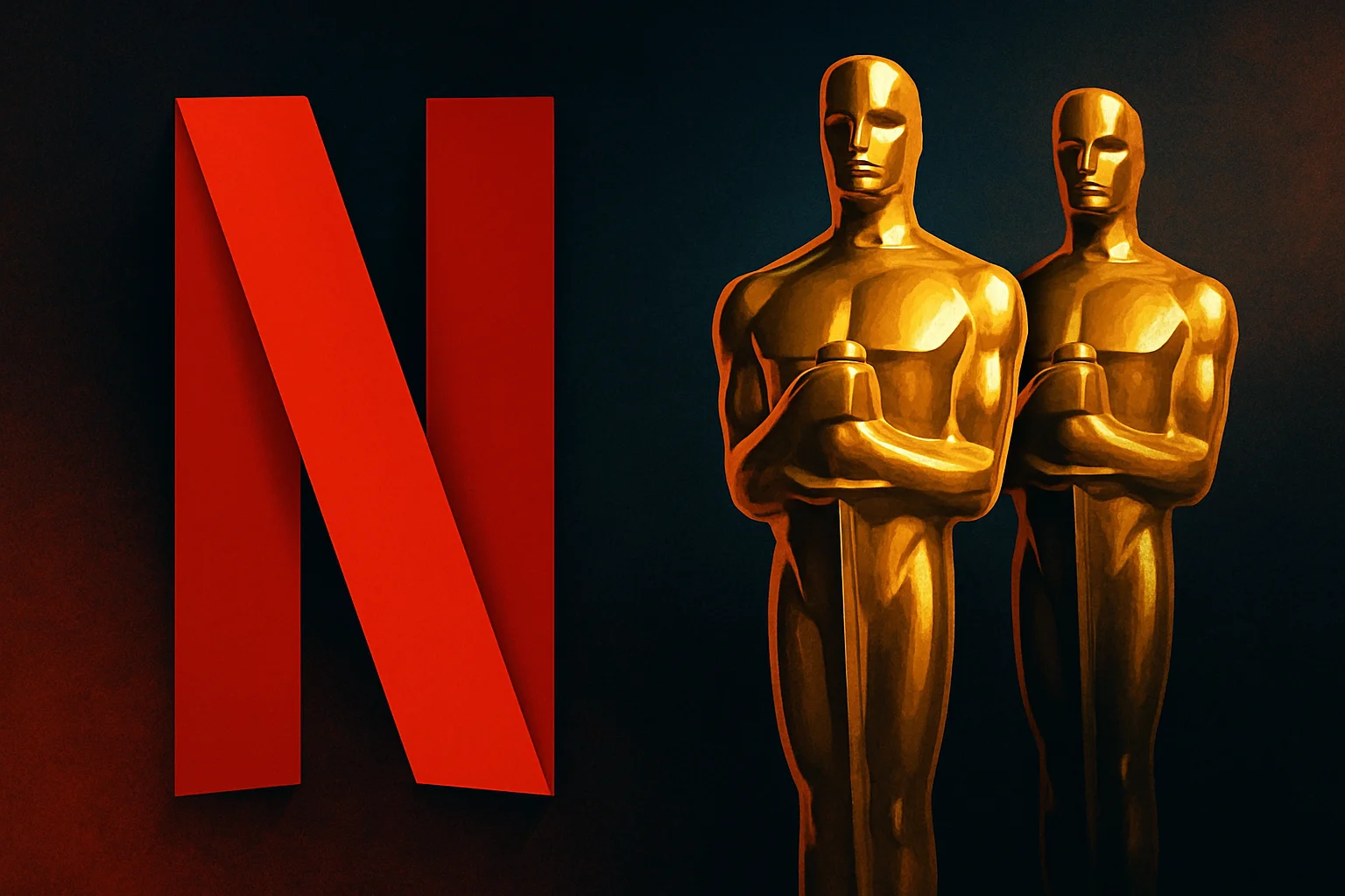 Логотип Netflix и статуэтка «Оскар», символизирующие две номинации на премию «Лучший фильм» в 2026 году.