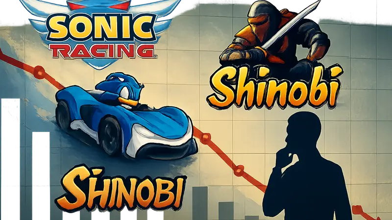 Логотипы игр Sonic Racing CrossWorlds и Shinobi Art of Vengeance на фоне графика продаж