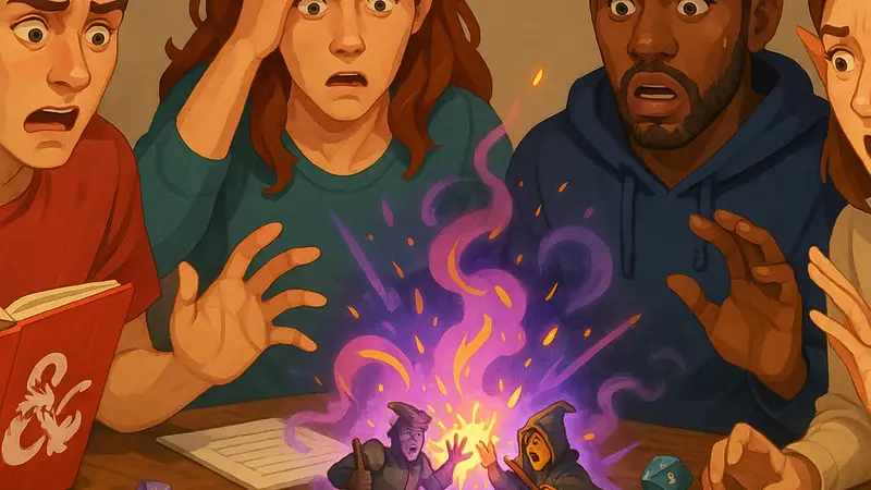 Игроки Dungeons & Dragons за столом, с растерянными лицами после неудачного заклинания, поразившего союзников.