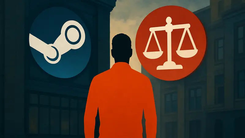 Логотип Steam и значок антимонопольного дела, символизирующие иск против Valve.