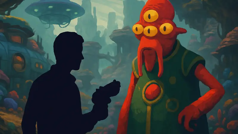 Гайд по убийству Нипулона в игре High on Life 2, изображающий главного героя и злодея