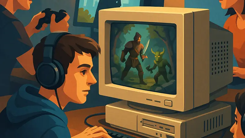 Геймеры играют в различные PC игры на старом компьютере, демонстрируя низкие требования.